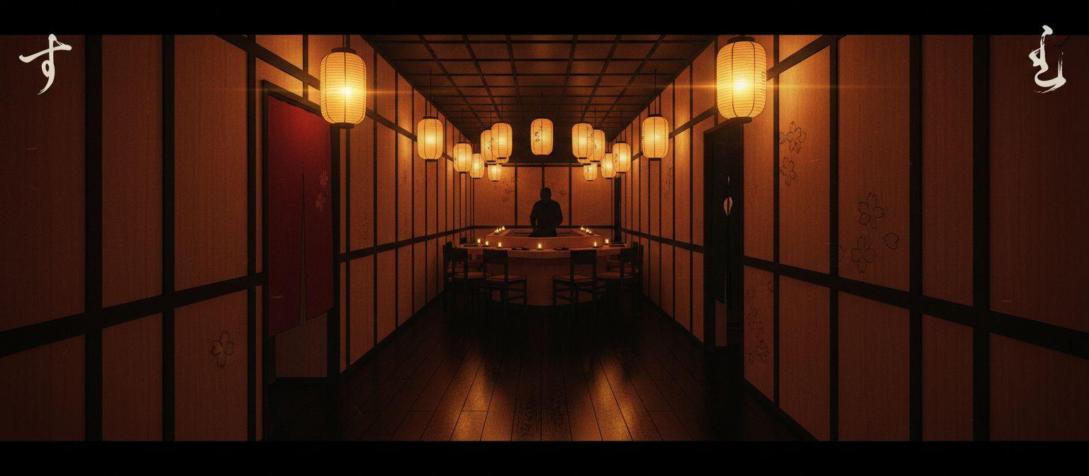 View from the restaurant entrance toward the illuminated sushi counter, warm lanterns along cedar wall panels, eight counter seats visible, itamae silhouette at work in the distance
