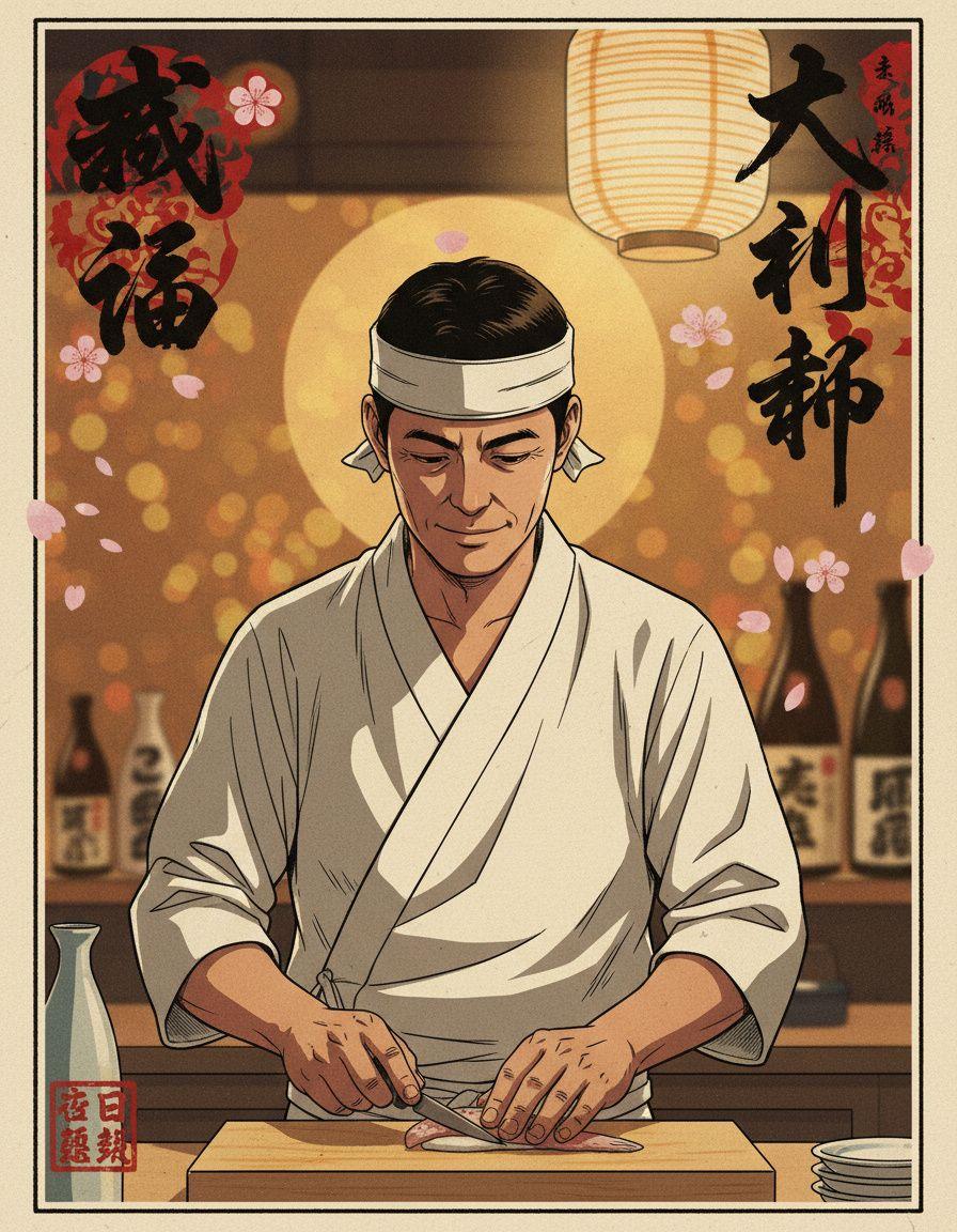 Sushi chef behind the counter, relaxed and mid-preparation, warm lantern light, white kappo jacket, calm focused expression
