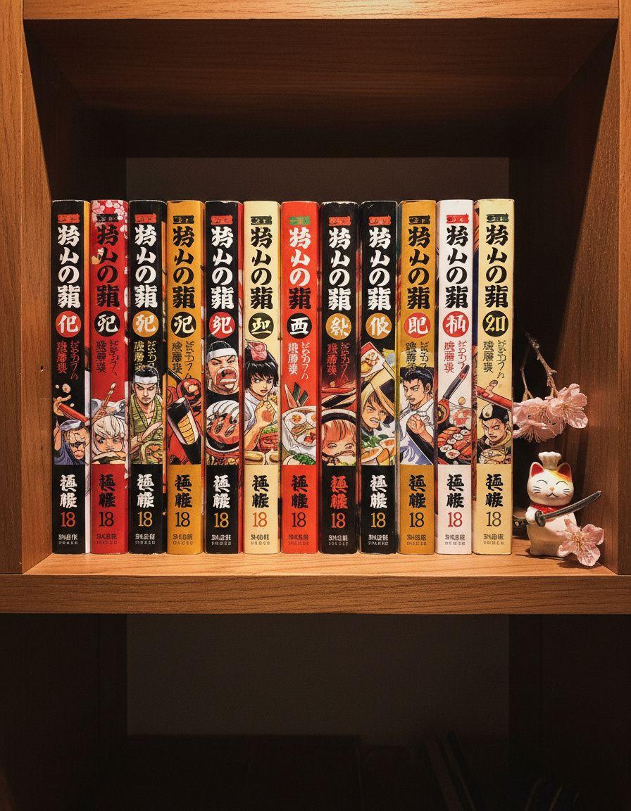 Complete Shota No Sushi manga series on a cedar shelf at the restaurant entrance, worn spines showing Japanese typography