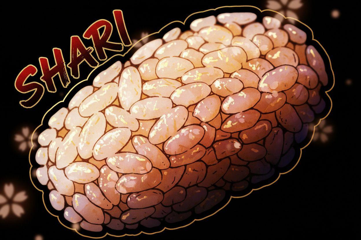 Extreme close-up of shari rice grains on a finished nigiri, each grain perfectly seasoned and reflecting warm lantern light