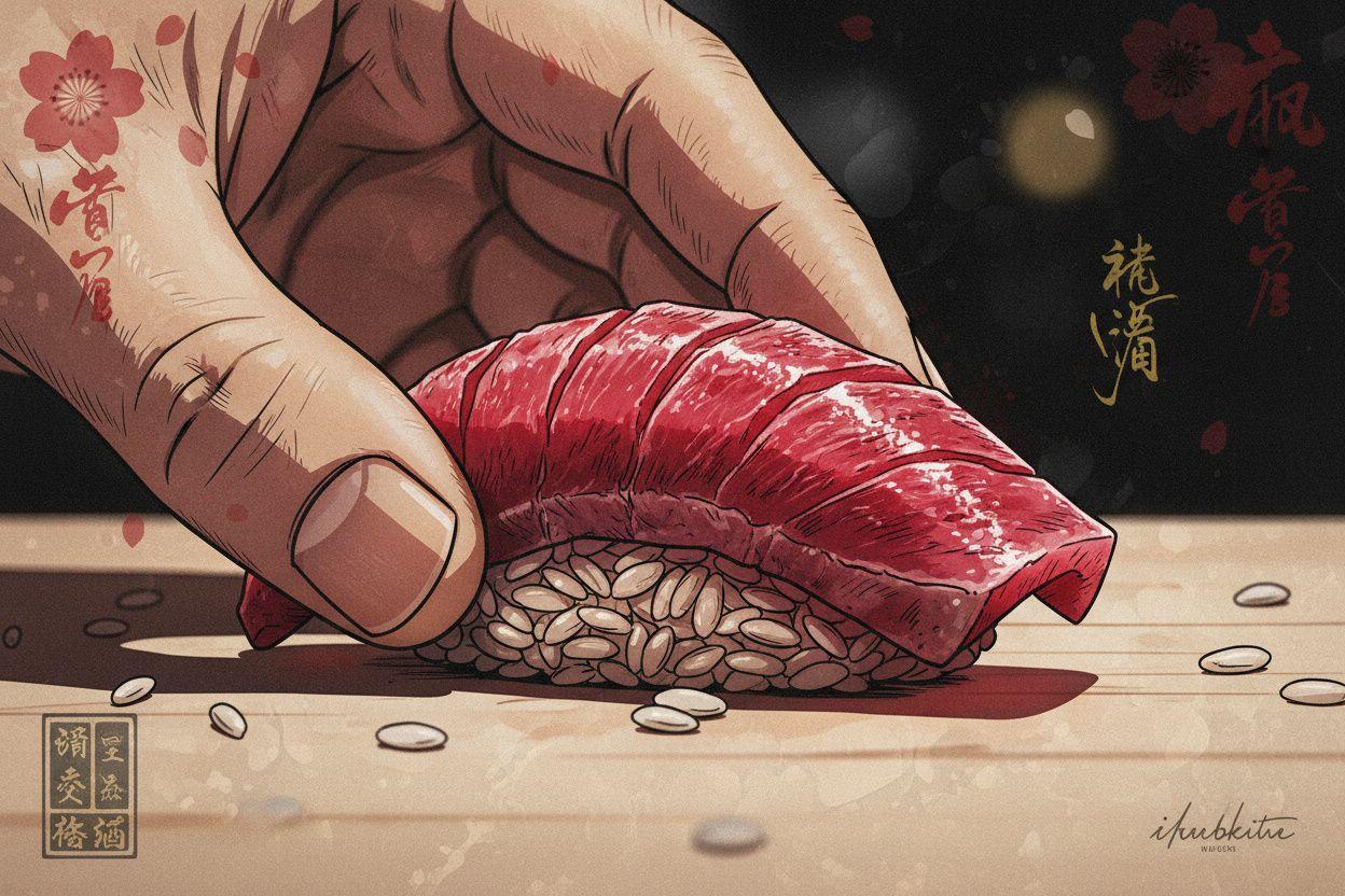 Close-up of itamae's fingers placing aged tuna nigiri on hinoki counter, lantern light raking along the fish surface to reveal texture