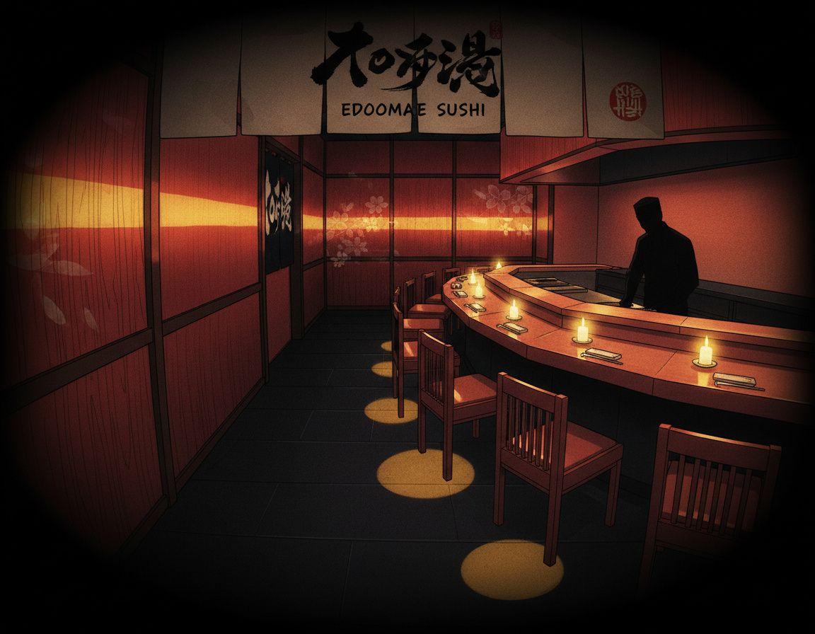 Full eight-seat Edomae sushi counter from guest perspective, lacquered walls, cedar details, each seat lit by warm candlelight