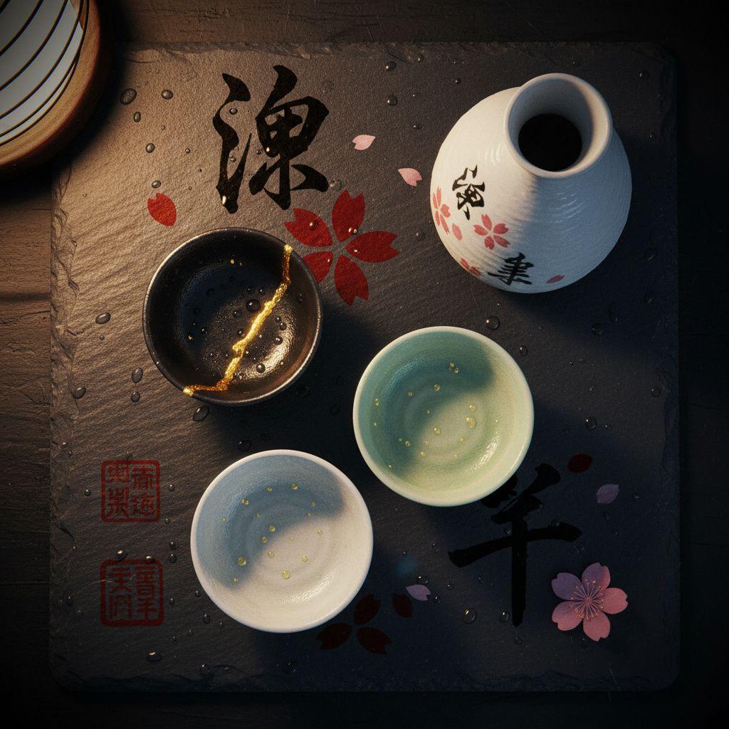 Overhead arrangement of three ceramic sake cups on river-stone slate beside a white ceramic flask, condensation visible