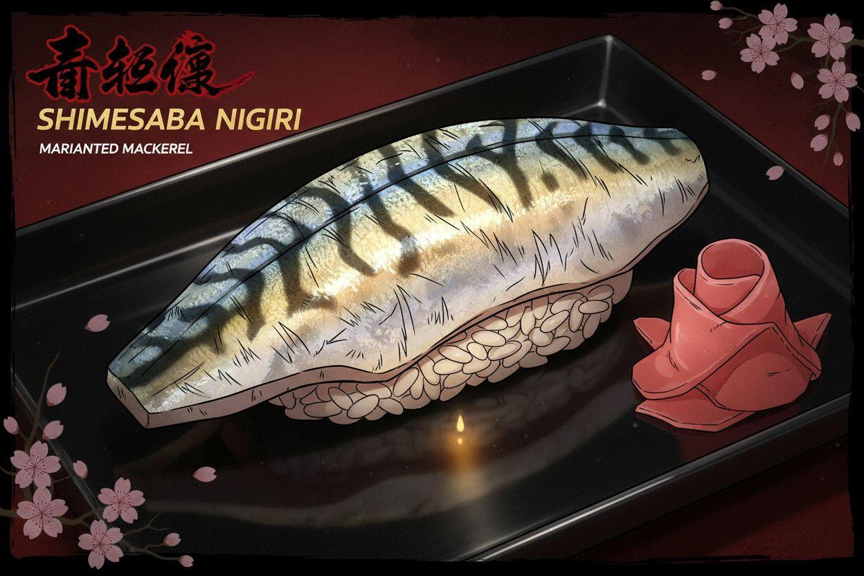 Shimesaba marinated mackerel nigiri on lacquered plate with pink pickled ginger, iridescent silver skin