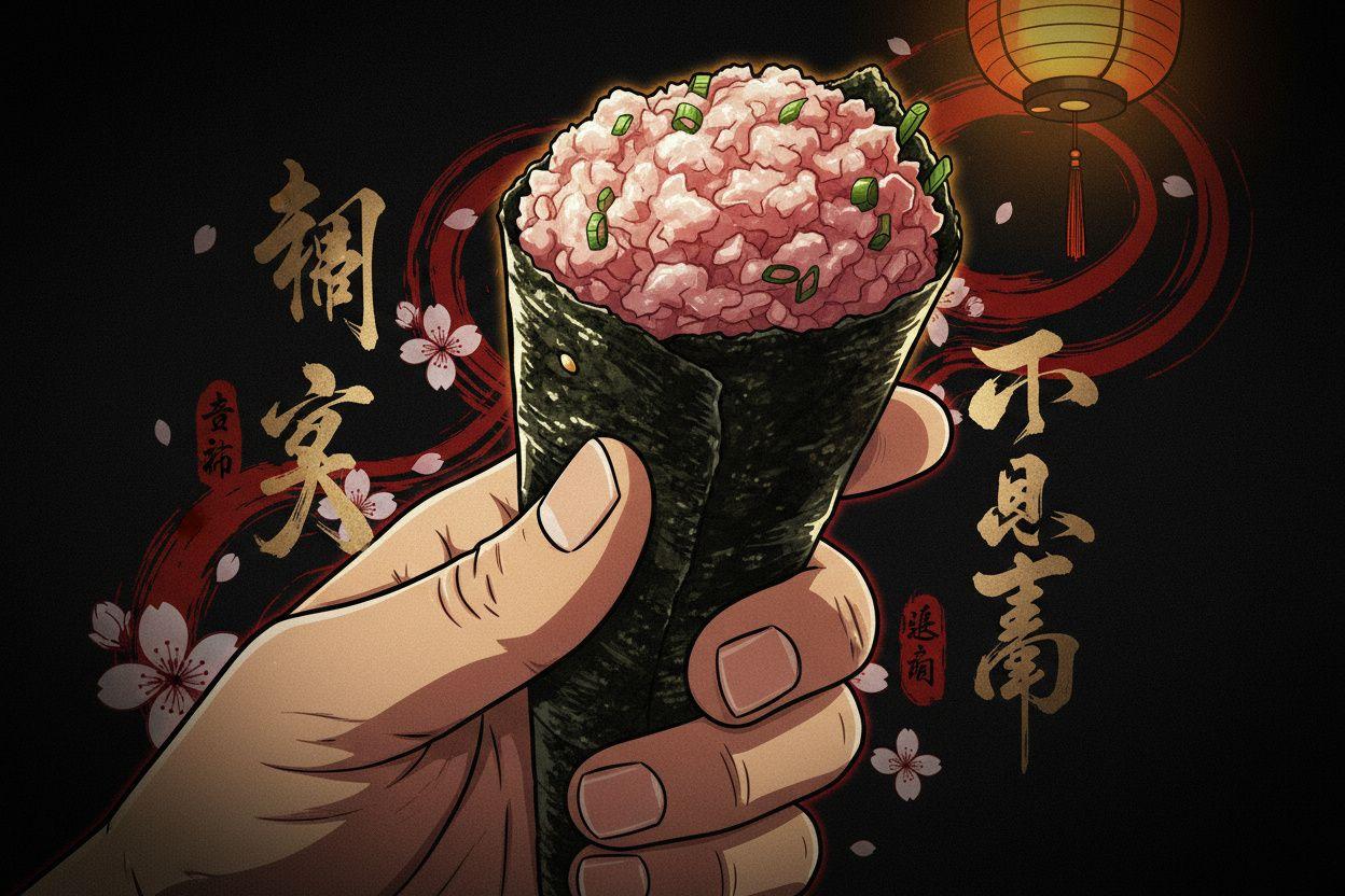 Negitoro temaki hand roll held in hand, fatty tuna and scallion filling at the top, amber backlight halo