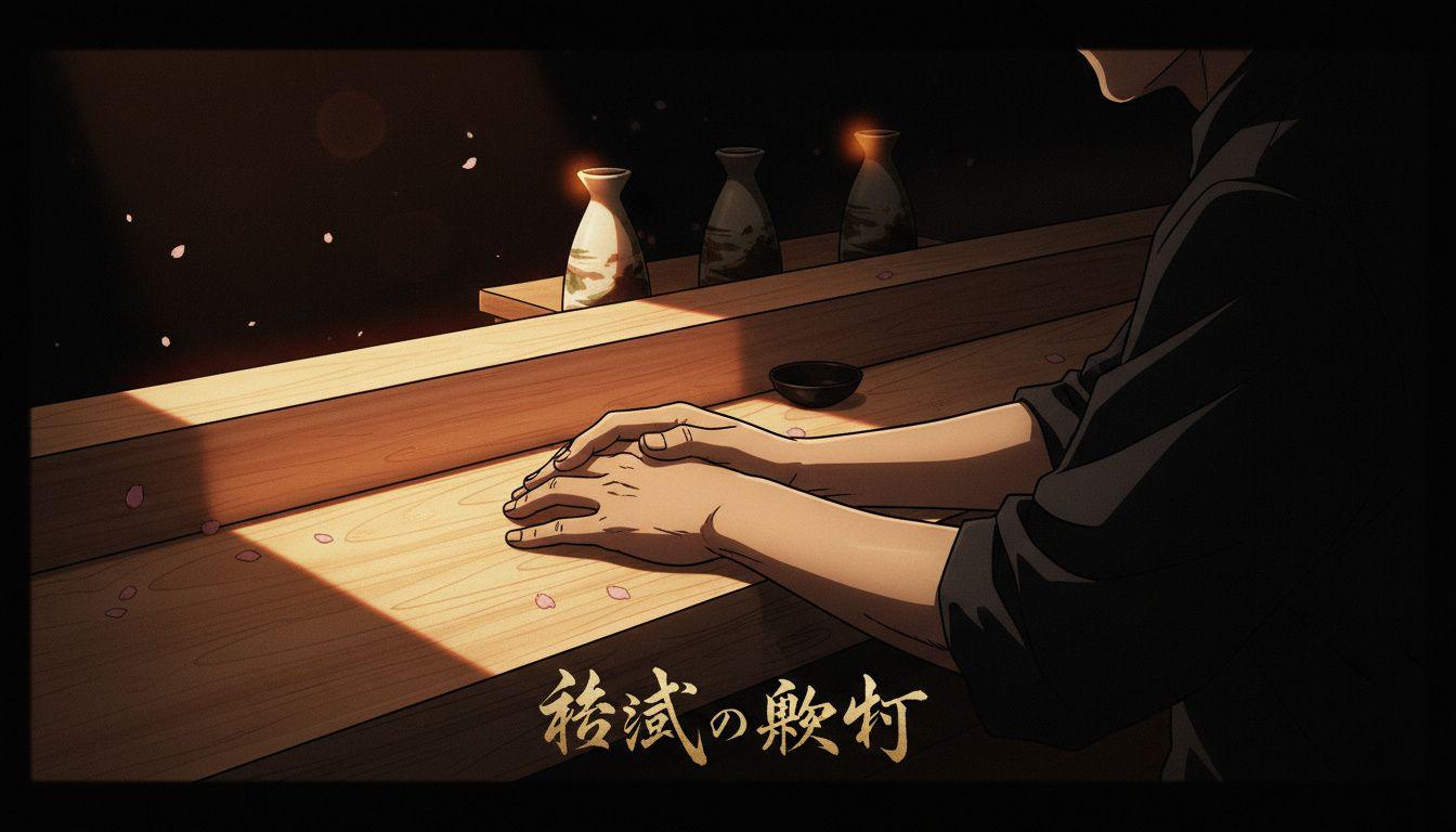 Chef's hands resting on warm hinoki wood sushi counter at Edo Umi before evening service begins, ceramic sake vessels glowing softly in the background, deep shadows framing the scene
