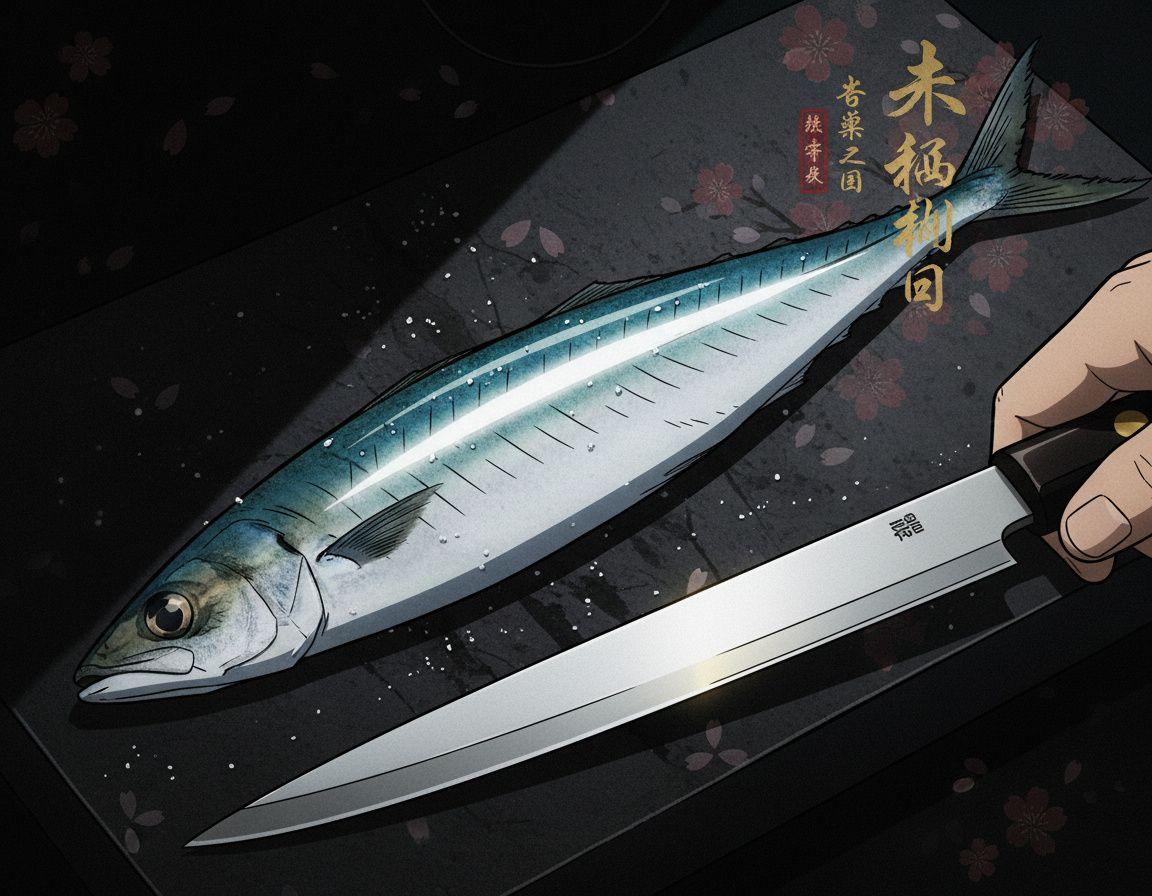 Kohada fillet on hinoki cutting board, silver skin catching lantern light, yanagiba knife visible at the edge