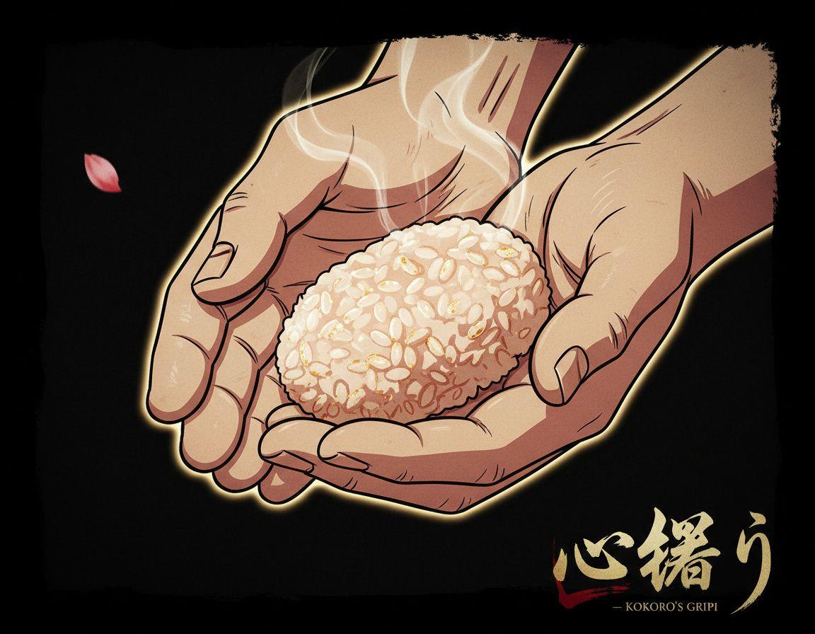 Itamae's hands shaping shari rice ball above the counter, faint steam rising, red vinegar visible in the rice color