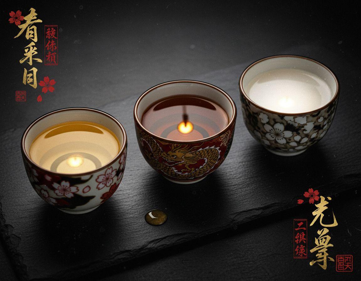 Three sake cups arranged on dark slate from left to right by color: pale gold junmai, amber koshu, cloudy white nigori