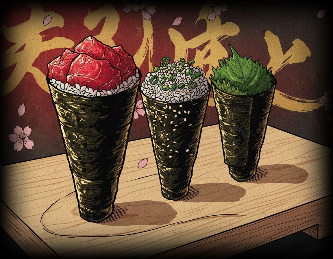 Three hand rolls standing upright on a cedar board, different nori textures, sesame and scallion garnish, warm side light