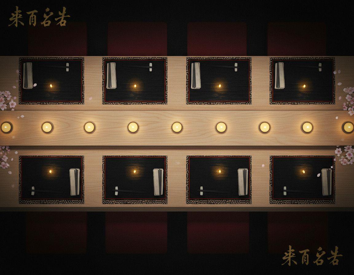 Overhead view of all eight sushi counter seats set for omakase service, lacquered trays, chopstick rests, candlelight