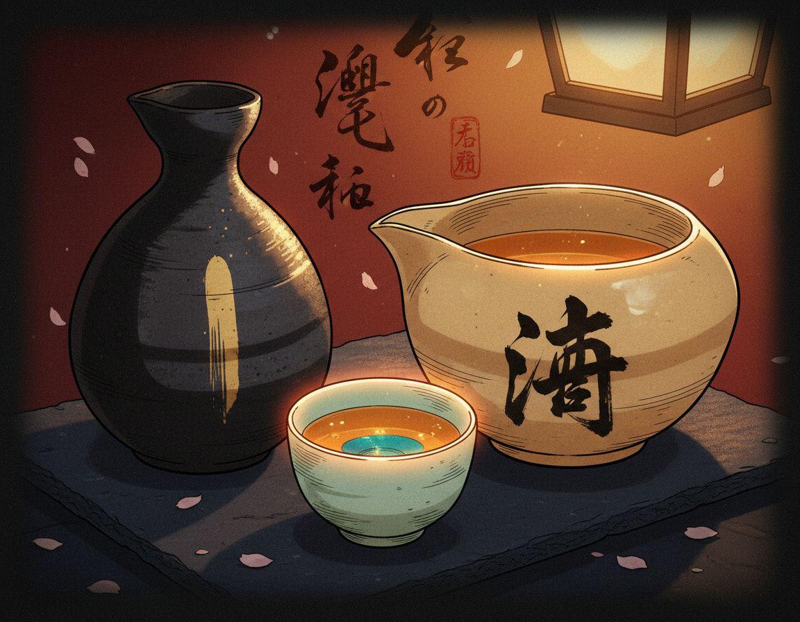 Tokkuri, ochoko, and katakuchi sake vessels at eye level, three glazes and forms, sake visible inside